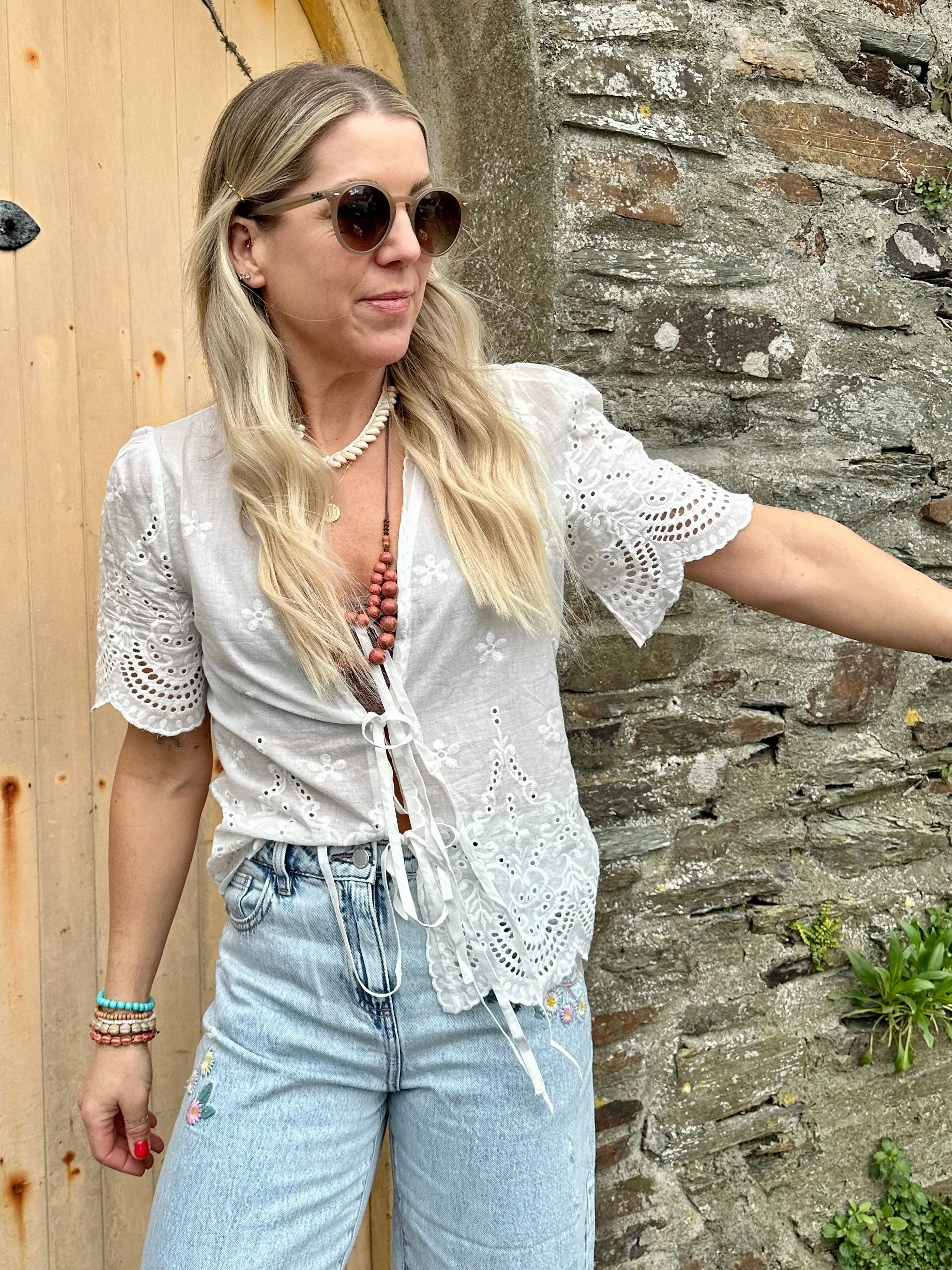 Broderie tie front blouse