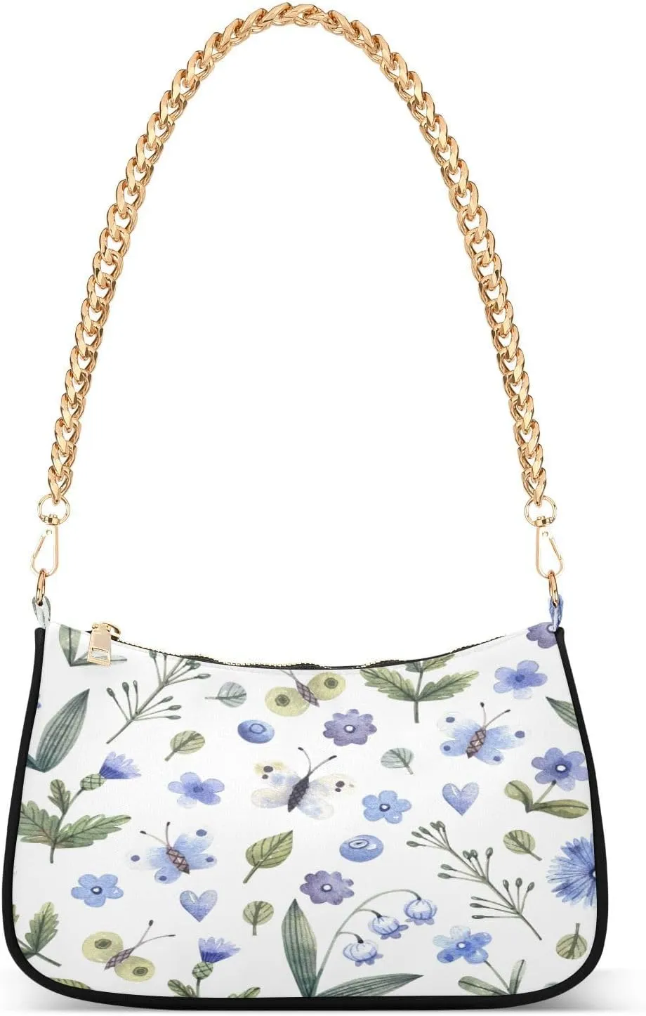 Butterflies Herbs Bluebell Berry Womens Shoulder Bag for Women Girls Hobo Tote Handbag Gold Chain Crossbody Bag with Zipper Clutch Purse Handbags