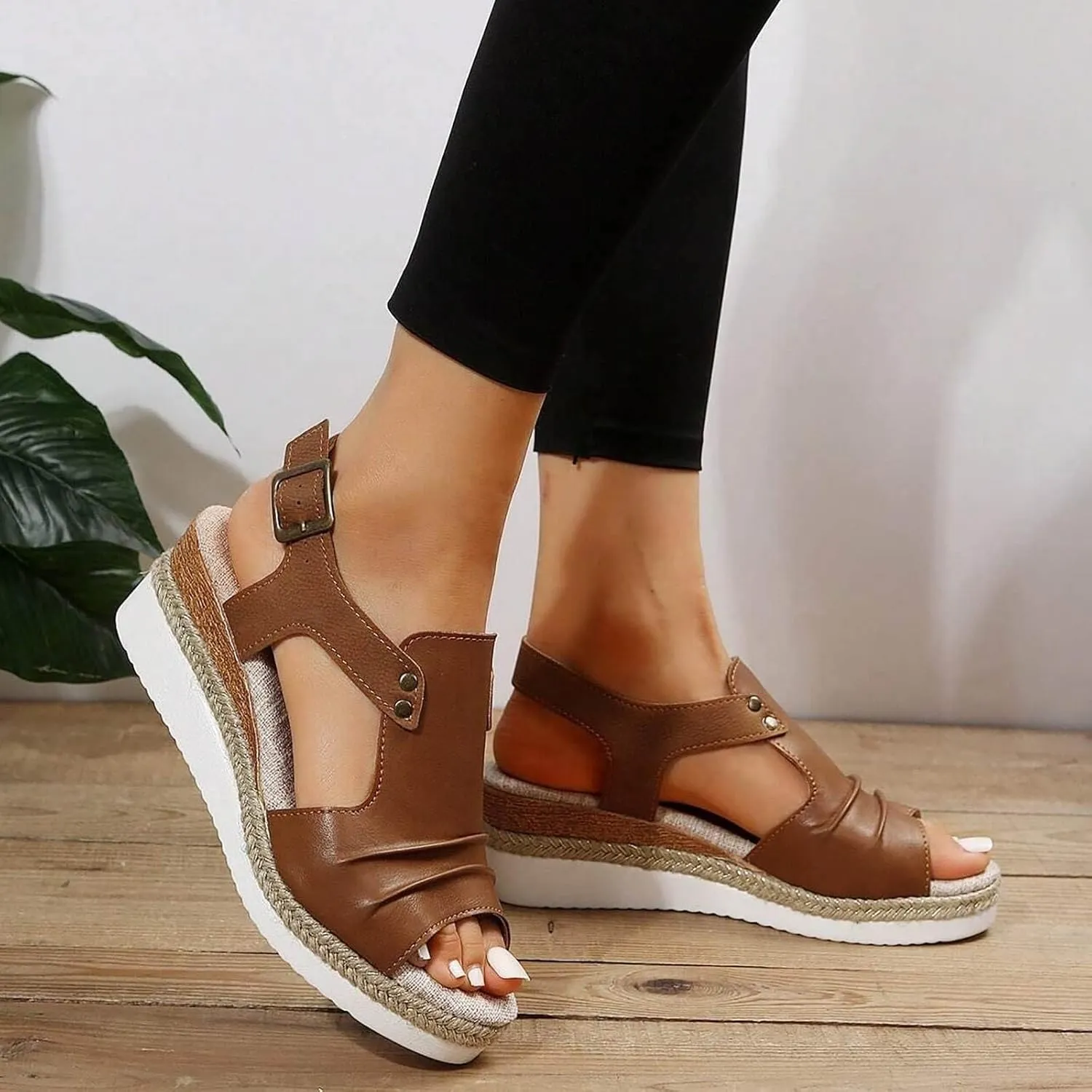 Cathalem Sandals Women Orthopedic Platform Wedge Sandals Flat Open Toe Ankle Strap Espadrilles Sandals Beach Boho Sandals