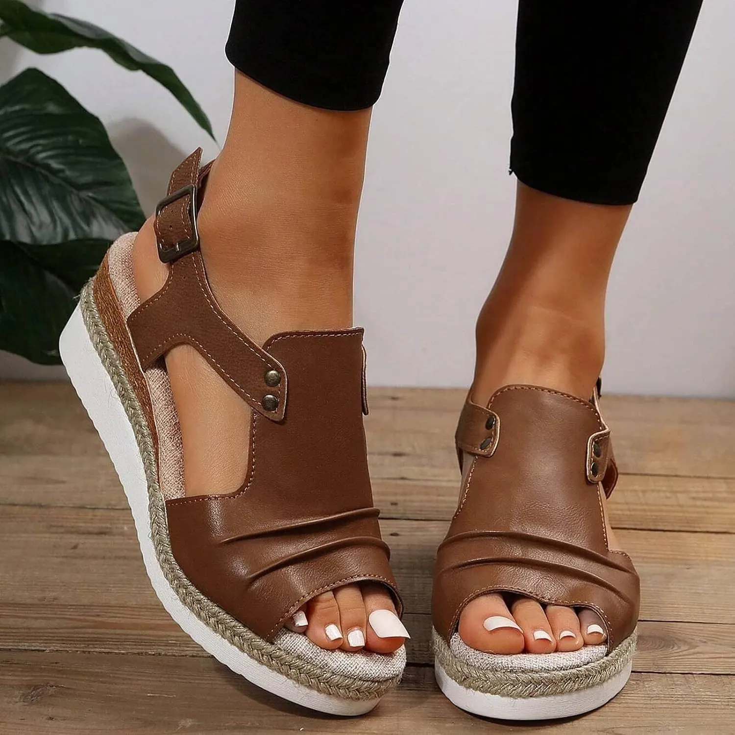 Cathalem Sandals Women Orthopedic Platform Wedge Sandals Flat Open Toe Ankle Strap Espadrilles Sandals Beach Boho Sandals