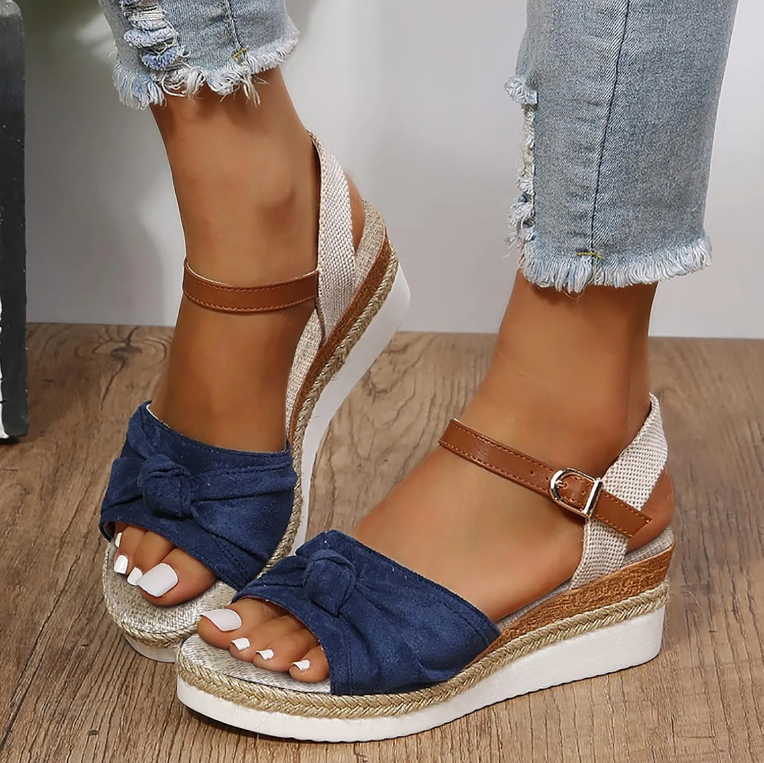 Cathalem Summer Sandals for Women 2024 Open Toe Ankle Strap Sandals Comfortable Strappy Low Wedges Sandals Beach Sandals