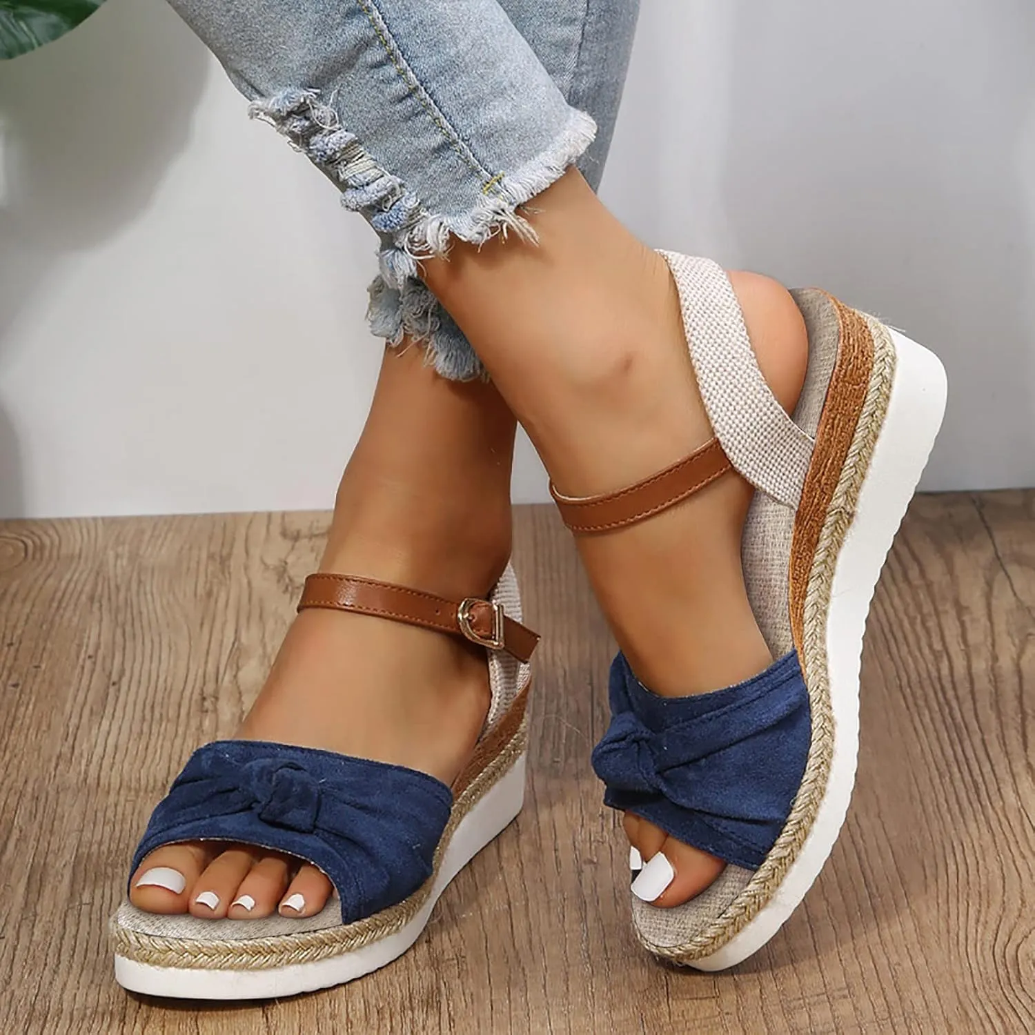 Cathalem Summer Sandals for Women 2024 Open Toe Ankle Strap Sandals Comfortable Strappy Low Wedges Sandals Beach Sandals