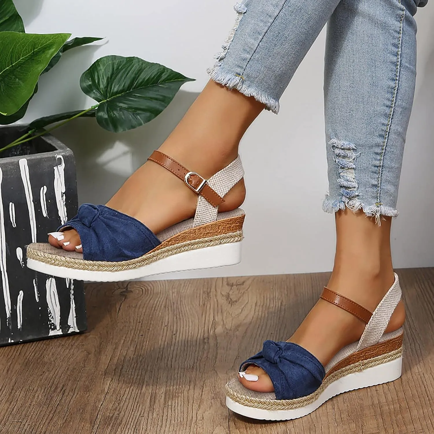 Cathalem Summer Sandals for Women 2024 Open Toe Ankle Strap Sandals Comfortable Strappy Low Wedges Sandals Beach Sandals