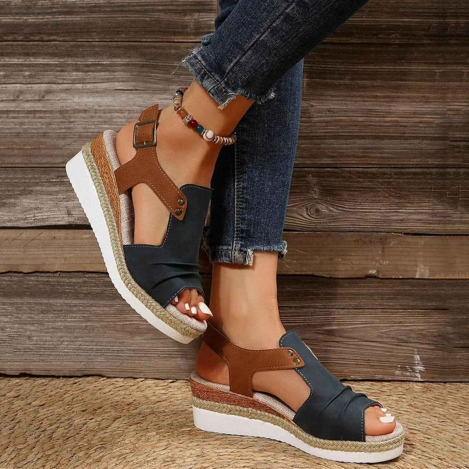 Cathalem Summer Sandals for Women 2024 Womens Open Toe Ankle Strap Sandals Casual Strappy High Wedges Slip on Sandals