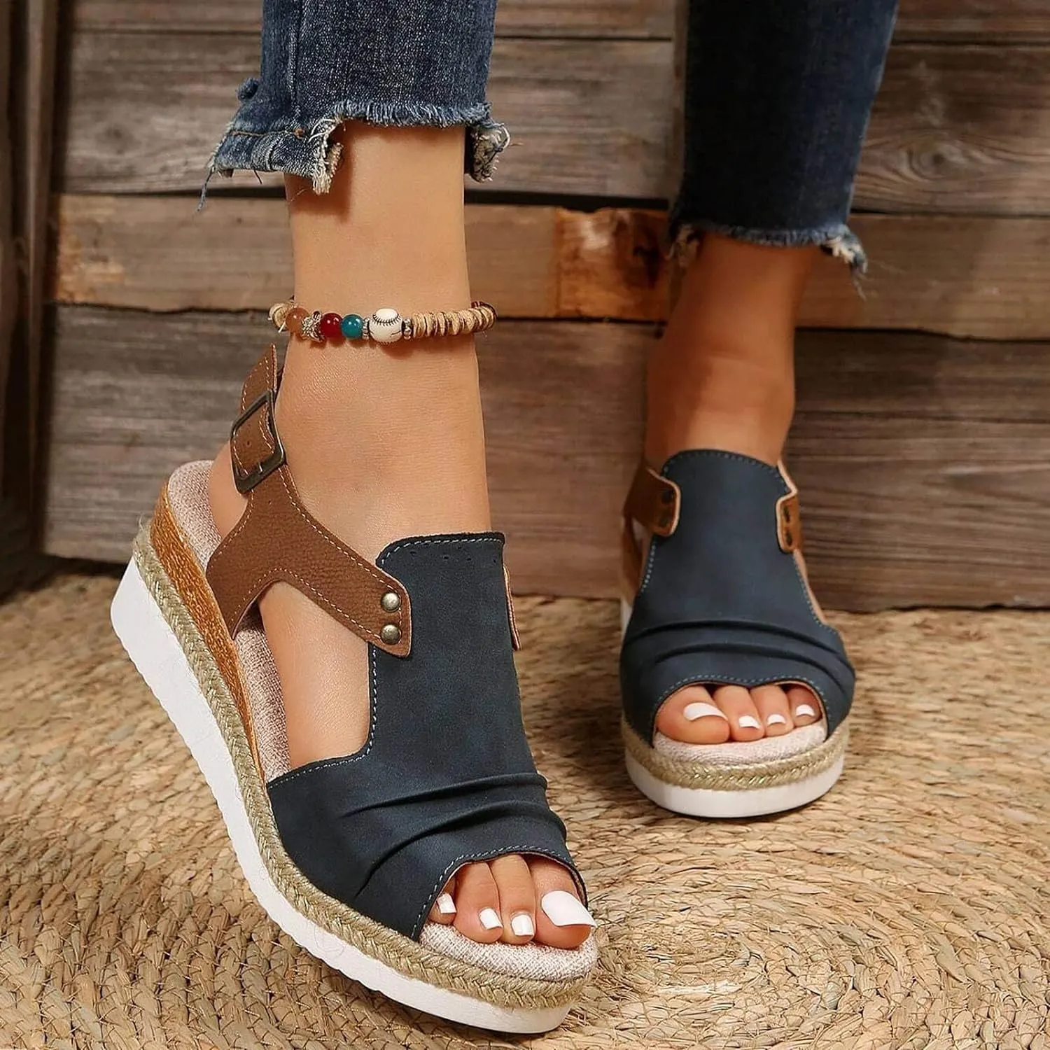 Cathalem Summer Sandals for Women 2024 Womens Open Toe Ankle Strap Sandals Casual Strappy High Wedges Slip on Sandals
