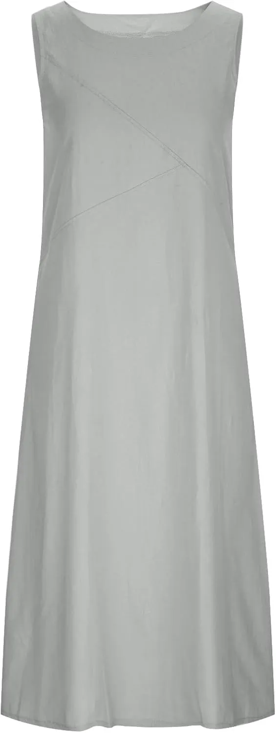 Ceboyel Women Linen Summer Sundress Sleeveless Maxi Long Tank Dresses Beach Vacation Casual Sun Dress Plain Teacher Clothes