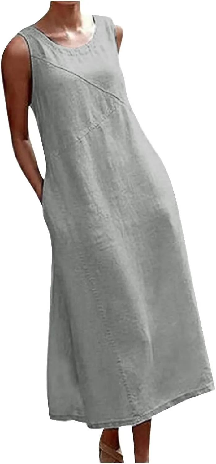 Ceboyel Women Linen Summer Sundress Sleeveless Maxi Long Tank Dresses Beach Vacation Casual Sun Dress Plain Teacher Clothes
