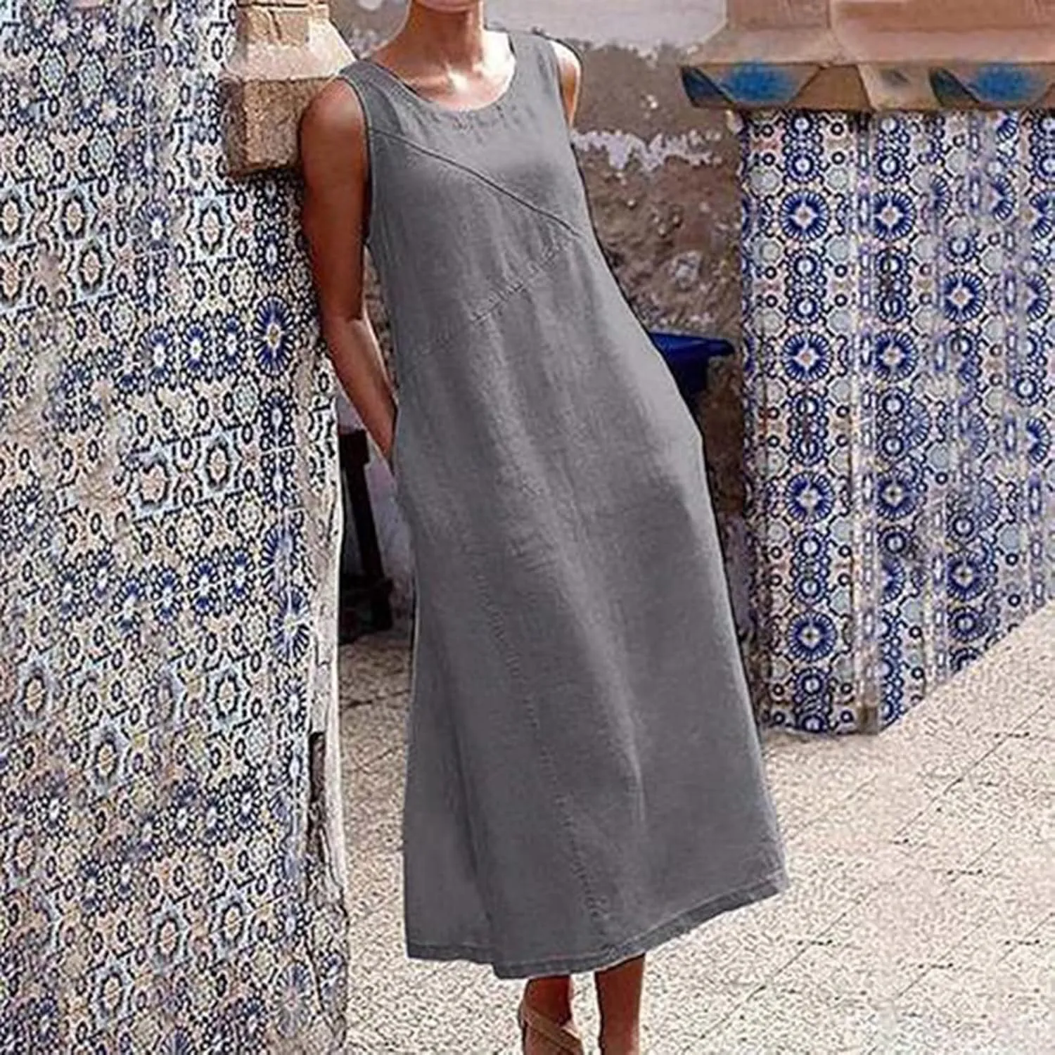 Ceboyel Women Linen Summer Sundress Sleeveless Maxi Long Tank Dresses Beach Vacation Casual Sun Dress Plain Teacher Clothes