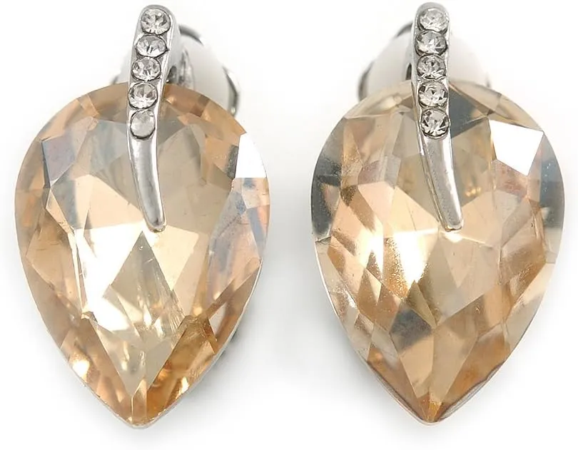 Champagne Faceted Glass Stone Leaf Clip On Earrings In Silver Tone - 23mm Tall