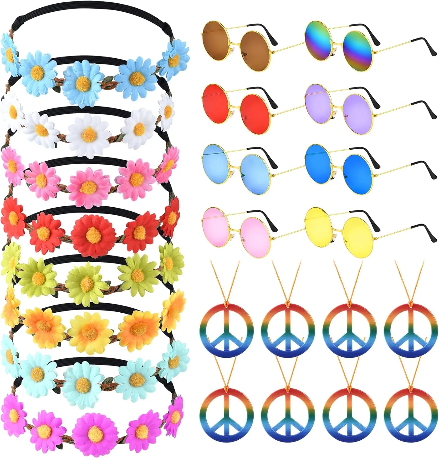 CHRORINE 48 Pcs Costume Accessory Set - Includes Headband, Sunglasses, Party Supplies for Hippie Party Decorations