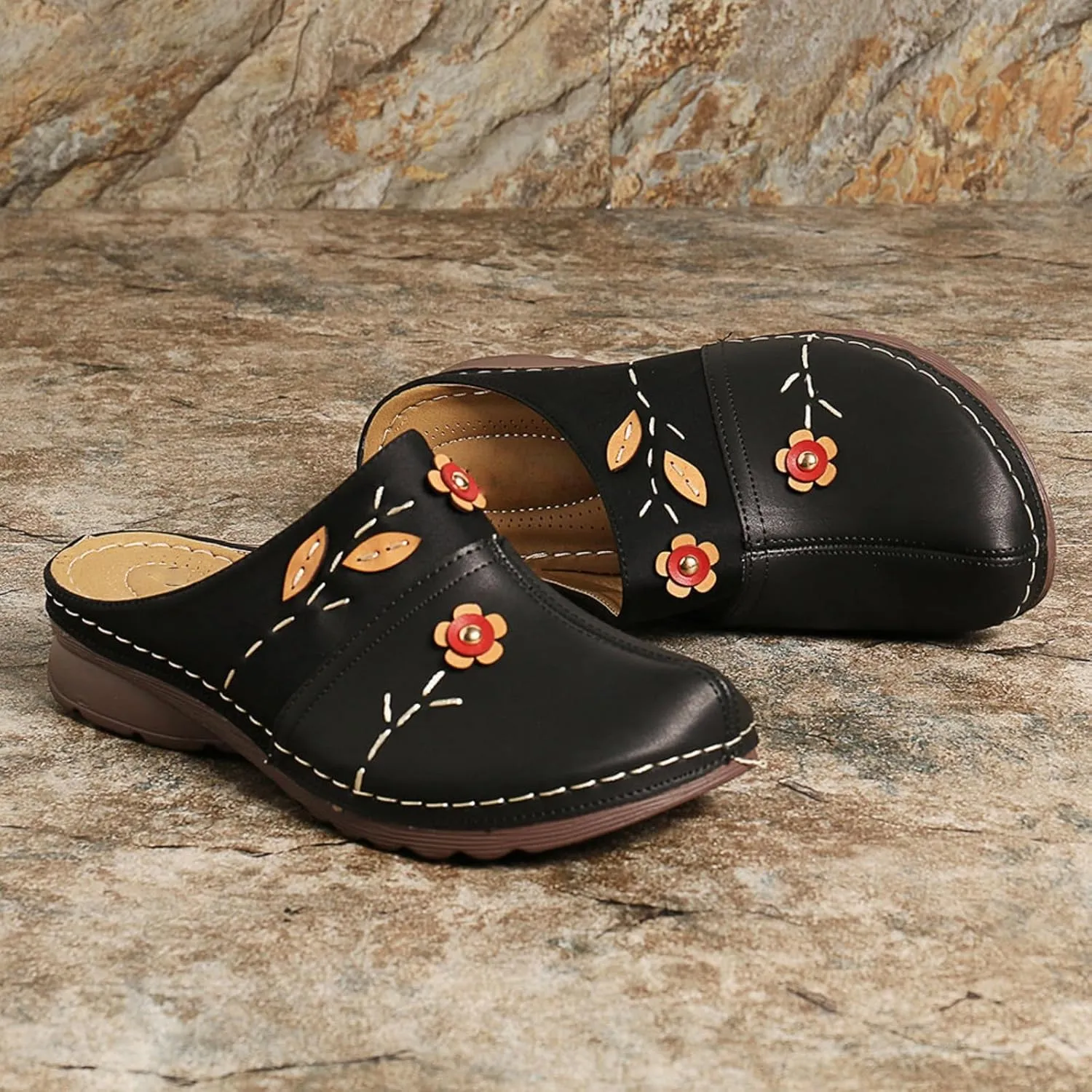Clogs for Women Mules Shoes Closed Toe Clogs Comfortable Open Back Slip Ons Flower Low Wedge Sandals Orthopedic Backless Mules with Arch Support