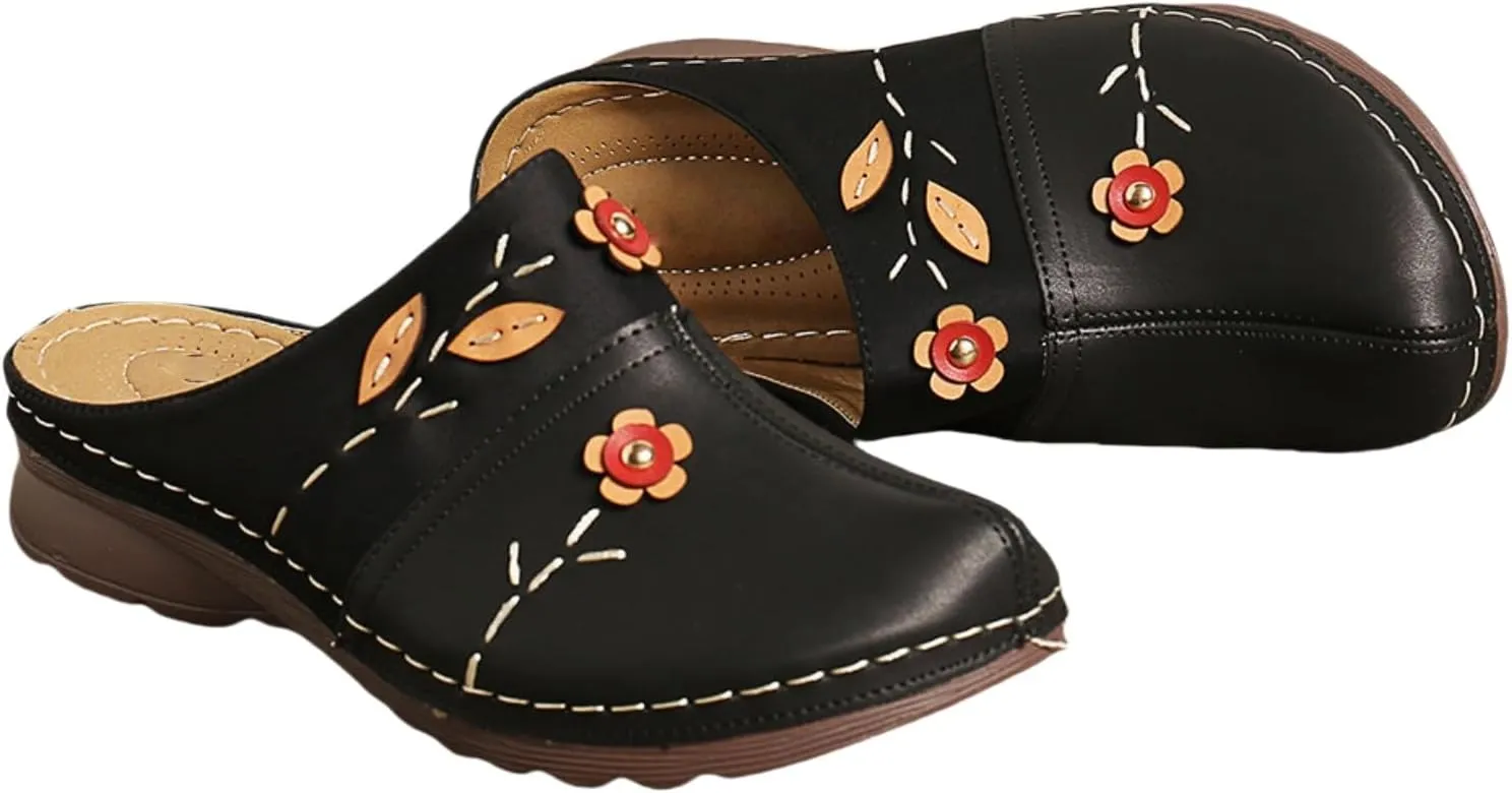 Clogs for Women Mules Shoes Closed Toe Clogs Comfortable Open Back Slip Ons Flower Low Wedge Sandals Orthopedic Backless Mules with Arch Support