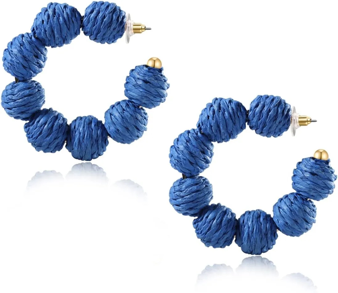 Colorful Statement Raffia Hoop Dangle Earrings for Women - Fun Summer Rattan Beach Vacation Jewelry Teacher Gifts