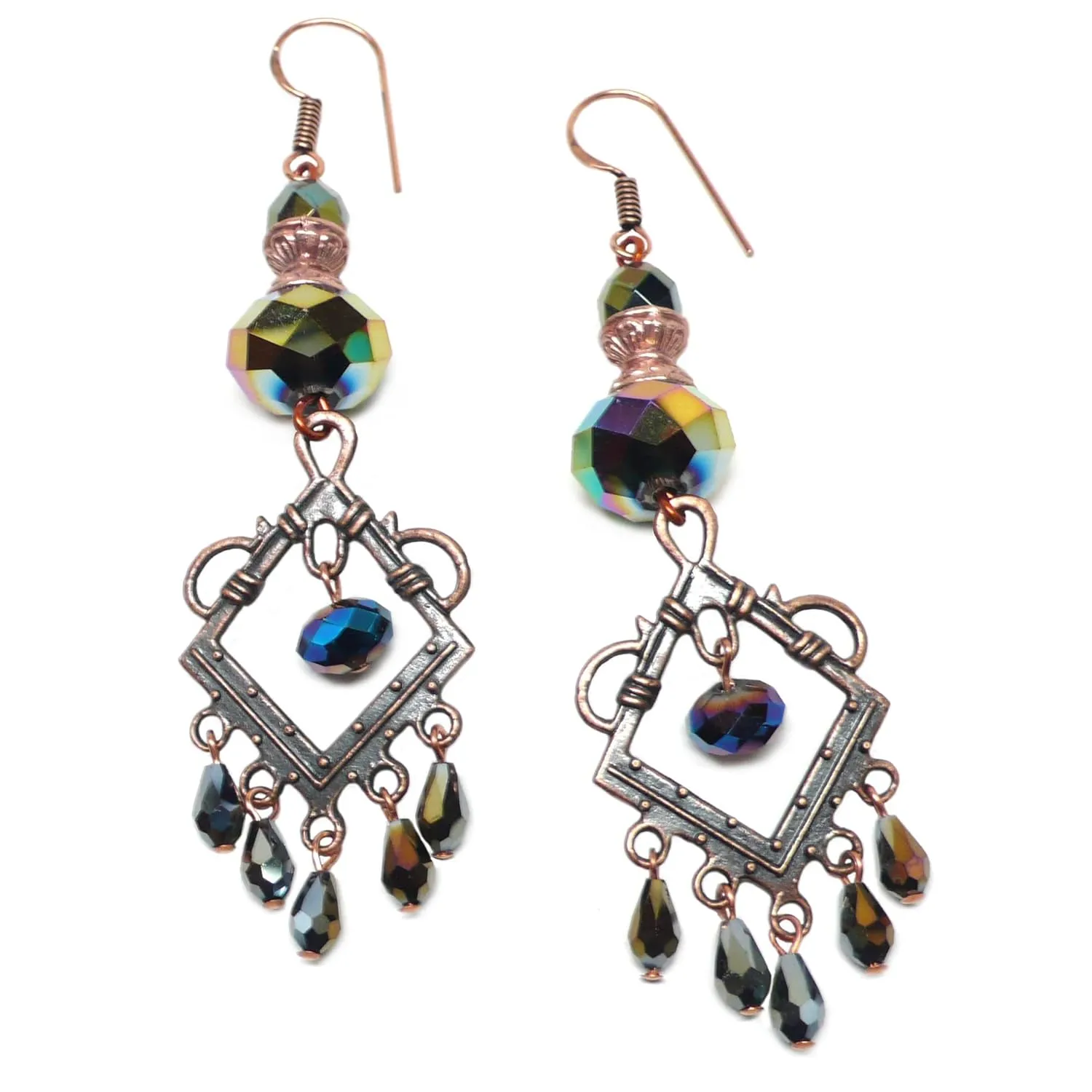 Copper-Plate Chandelier Earrings Faceted Glass Black Purple Bronze Iris AB
