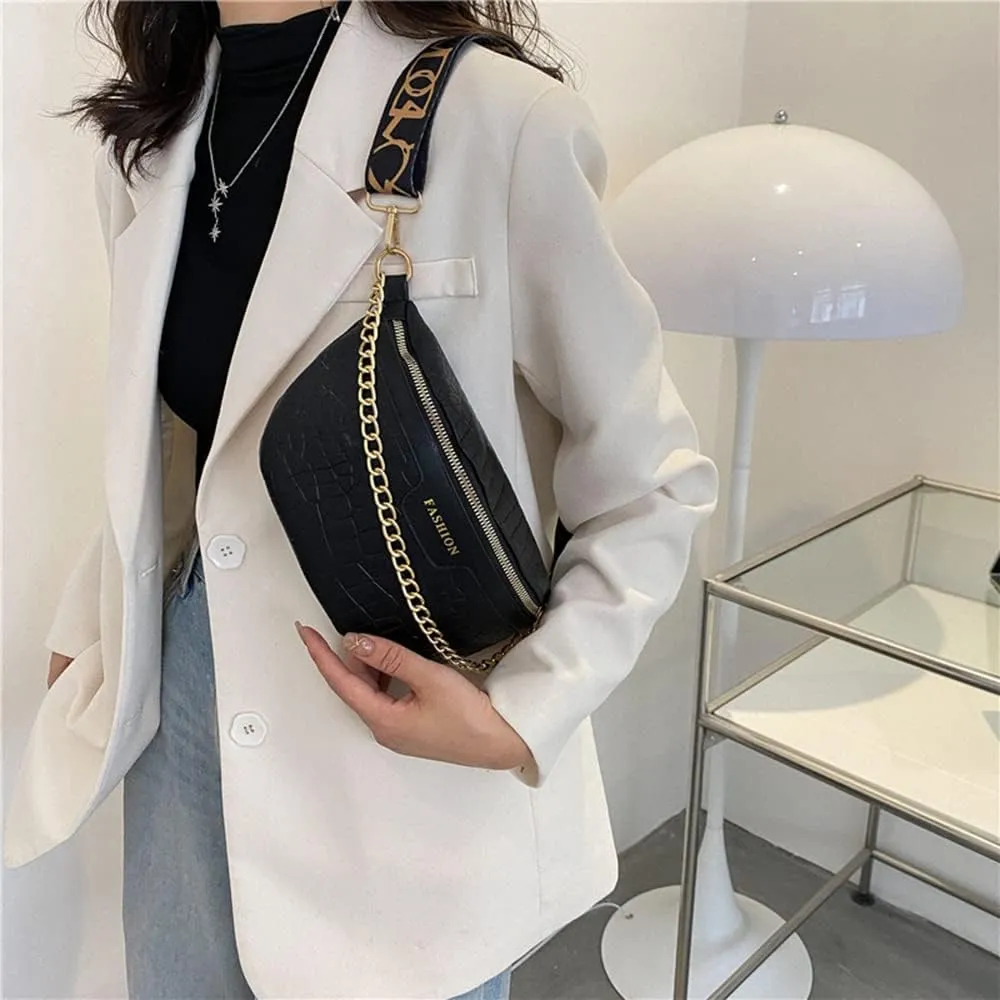 Crocodile Pattern Leather Fanny Pack Crossbody Bags for Women Fashion Chest Bags Casual Belt Bag Crescent Purse (Black)