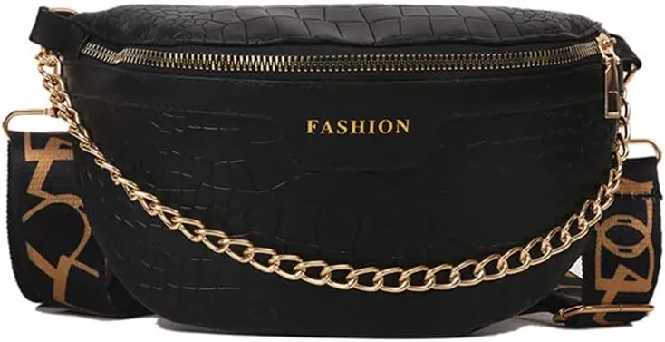 Crocodile Pattern Leather Fanny Pack Crossbody Bags for Women Fashion Chest Bags Casual Belt Bag Crescent Purse (Black)