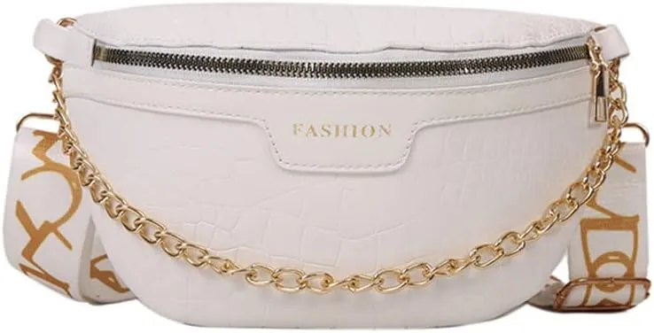 Crocodile Pattern Leather Fanny Pack Crossbody Bags for Women Fashion Chest Bags Casual Belt Bag Crescent Purse (White)