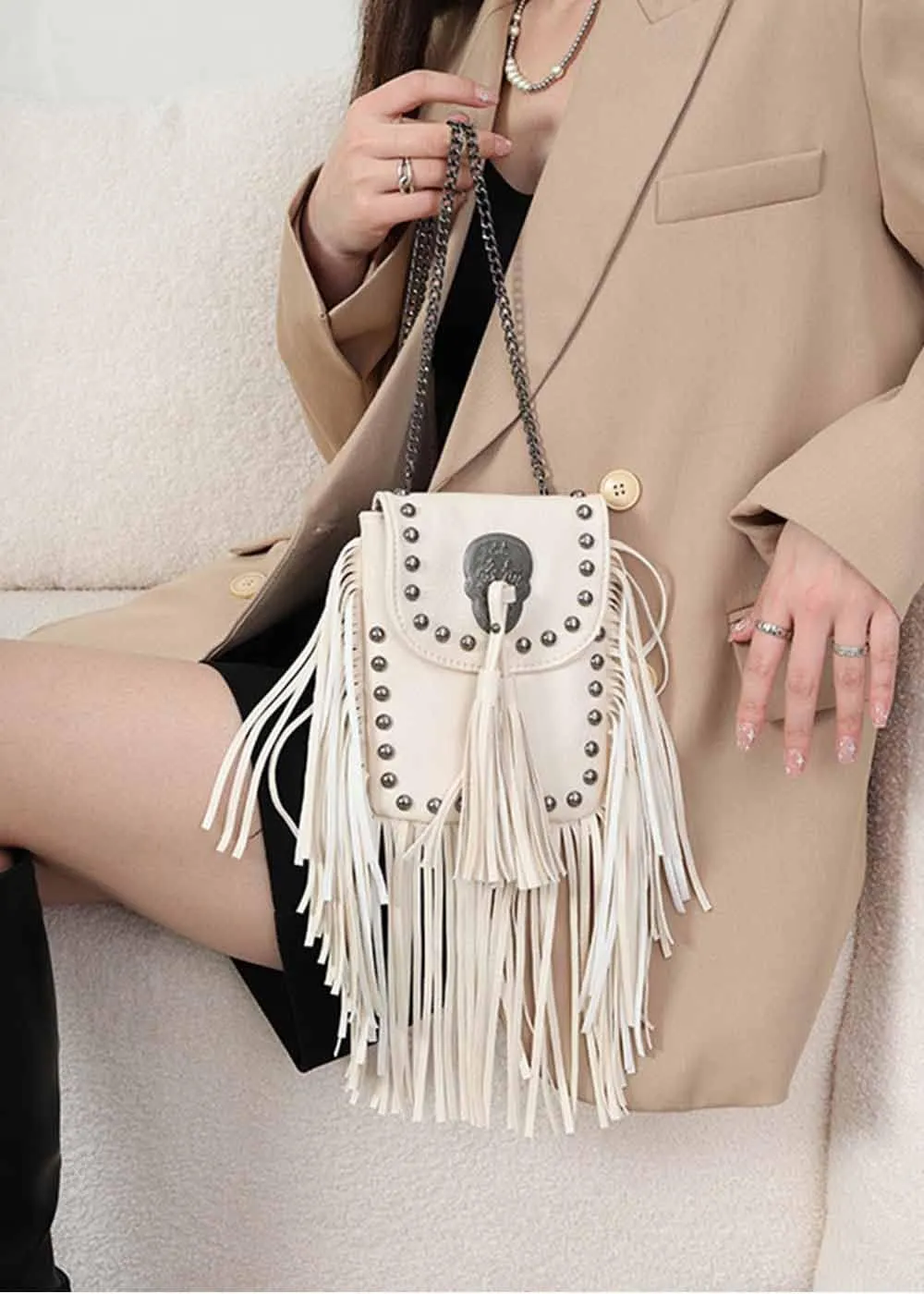Crossbody Bag for Women Rivet Tassels Phone Bags Chain Handbag Soft Leather Purse Satchel