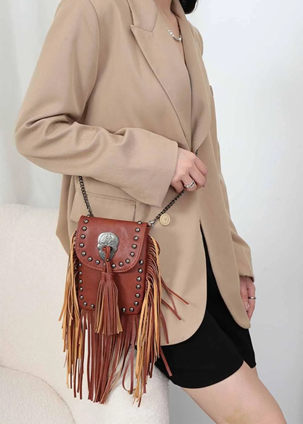 Crossbody Bag for Women Rivet Tassels Phone Bags Chain Handbag Soft Leather Purse Satchel