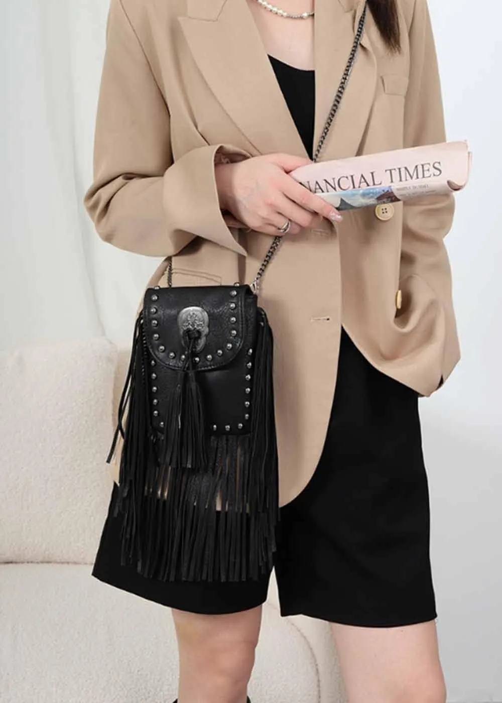 Crossbody Bag for Women Rivet Tassels Phone Bags Chain Handbag Soft Leather Purse Satchel