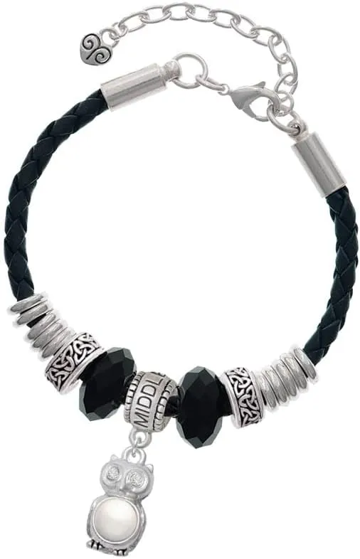 Delight Jewelry Silvertone 3-D Crystal Owl - Middle Sister Celtic Knot Leather Bead Bracelet, 7" 2" Extender