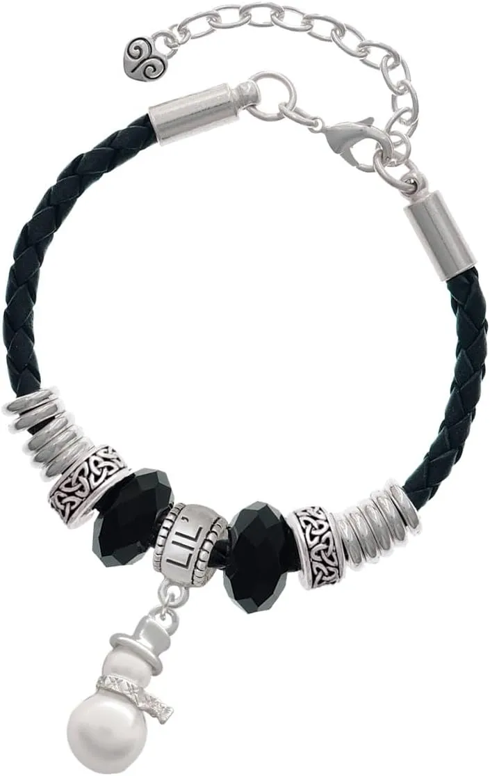 Delight Jewelry Silvertone Imitation Pearl Snowman - Lil Sister Celtic Knot Leather Bead Bracelet, 7" 2" Extender