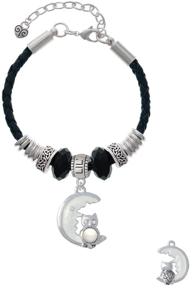 Delight Jewelry Silvertone Large Owl Sitting on Moon - Lil Sister Celtic Knot Leather Bead Bracelet, 7" 2" Extender
