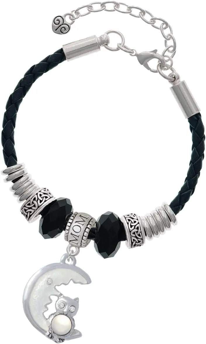 Delight Jewelry Silvertone Large Owl Sitting on Moon - Mom Celtic Knot Leather Bead Bracelet, 7" 2" Extender