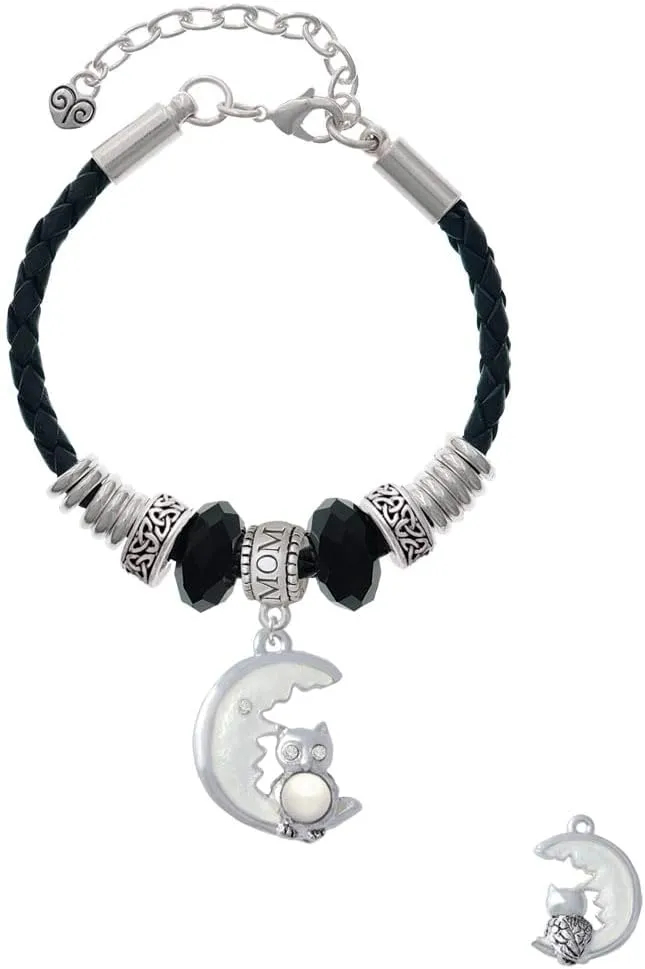 Delight Jewelry Silvertone Large Owl Sitting on Moon - Mom Celtic Knot Leather Bead Bracelet, 7" 2" Extender