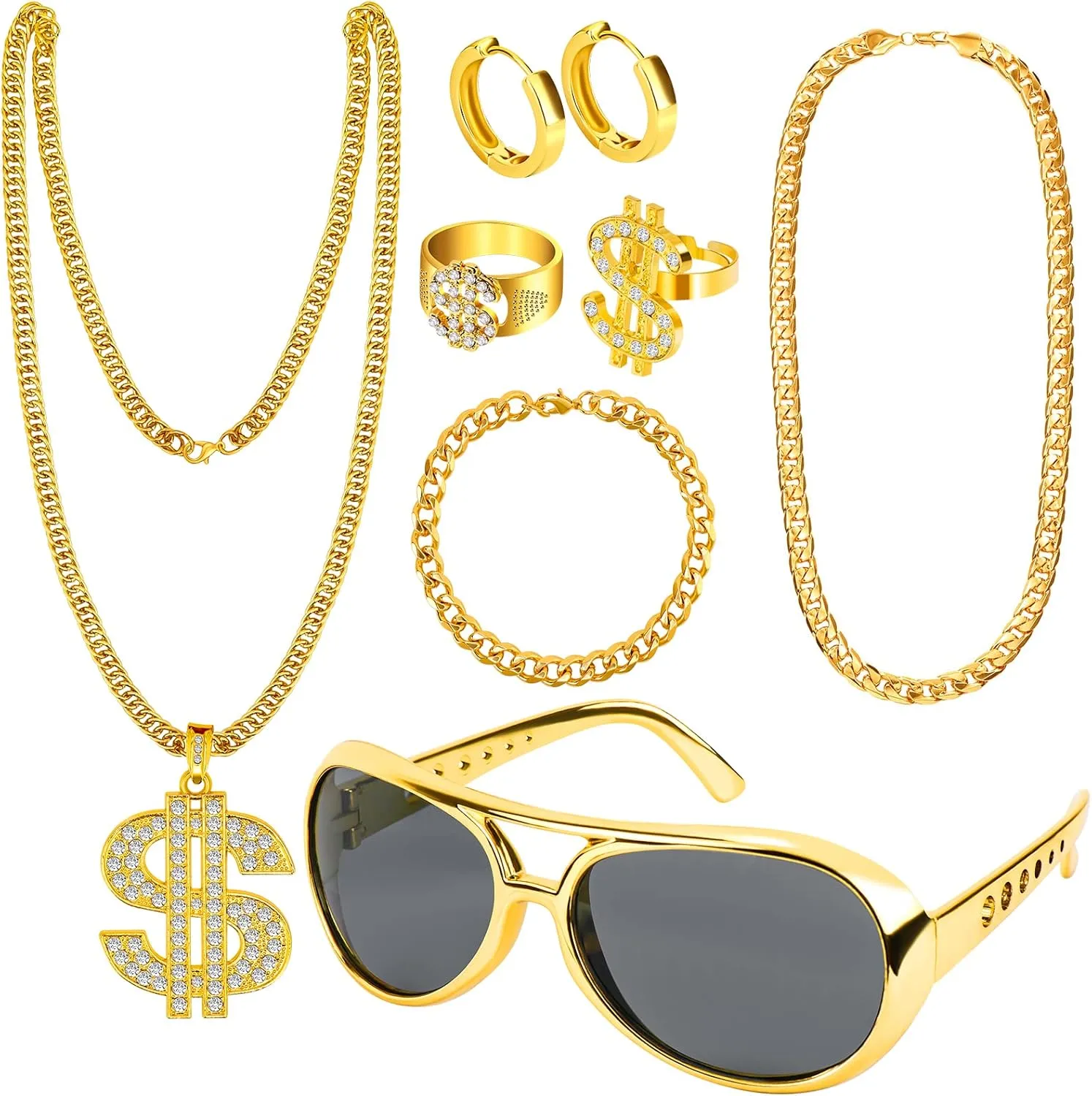 Dreamtop 8Pcs Hip Hop Costume Accessories kit, 80s 90s Hip Hop Fancy Dress Accessories with Gold Dollar Sign Necklace Bracelet Hip Hop Rings Earrings Sunglasses Women Men