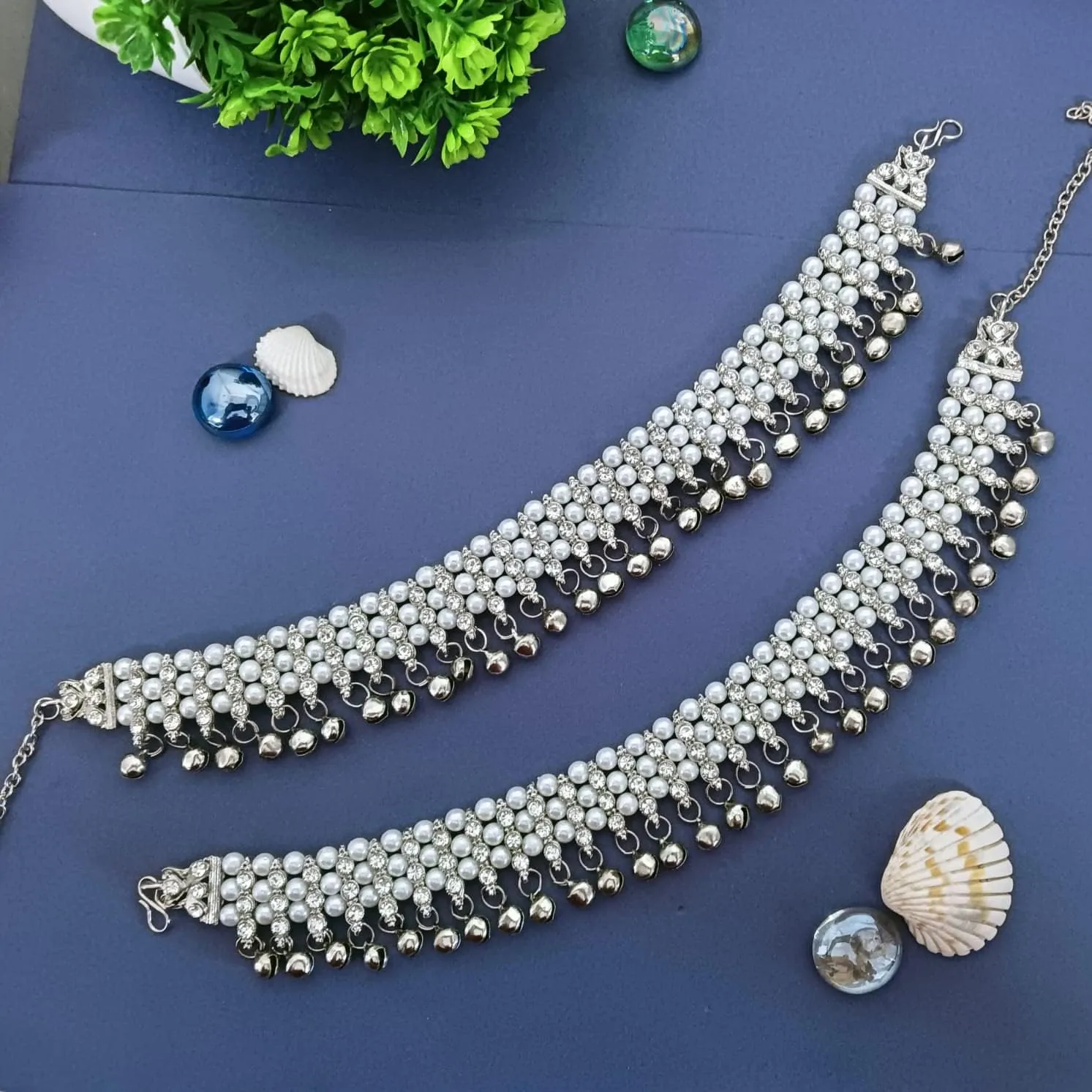 Efulgenz Silver Anklets with Crystal & Faux Pearl - Indian Women's Bell Anklets & Ghungroo Ankle Bracelets