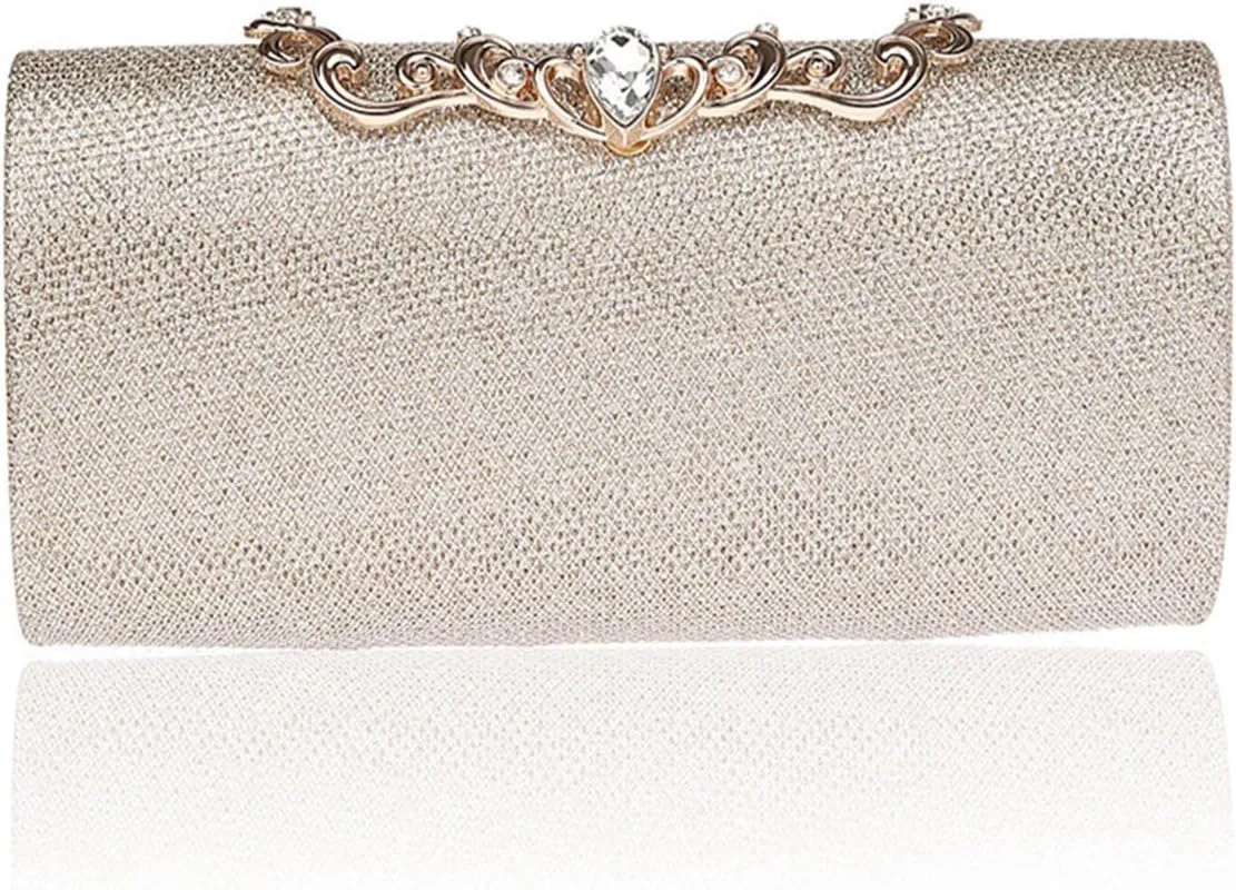 ELEOPTION Simple Women's Women Clutch Purse Hard Case Evening Bags Glitter Handbag With Diamante Snap Closure Cover Rectangle Design Pleated Satin For Wedding Party Best Gift (Champaign Gold)