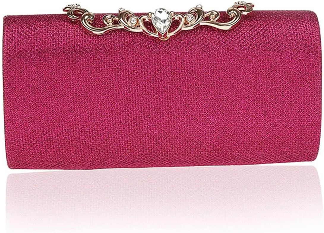 ELEOPTION Simple Women's Women Clutch Purse Hard Case Evening Bags Glitter Handbag With Diamante Snap Closure Cover Rectangle Design Pleated Satin For Wedding Party Best Gift (Rose Red)