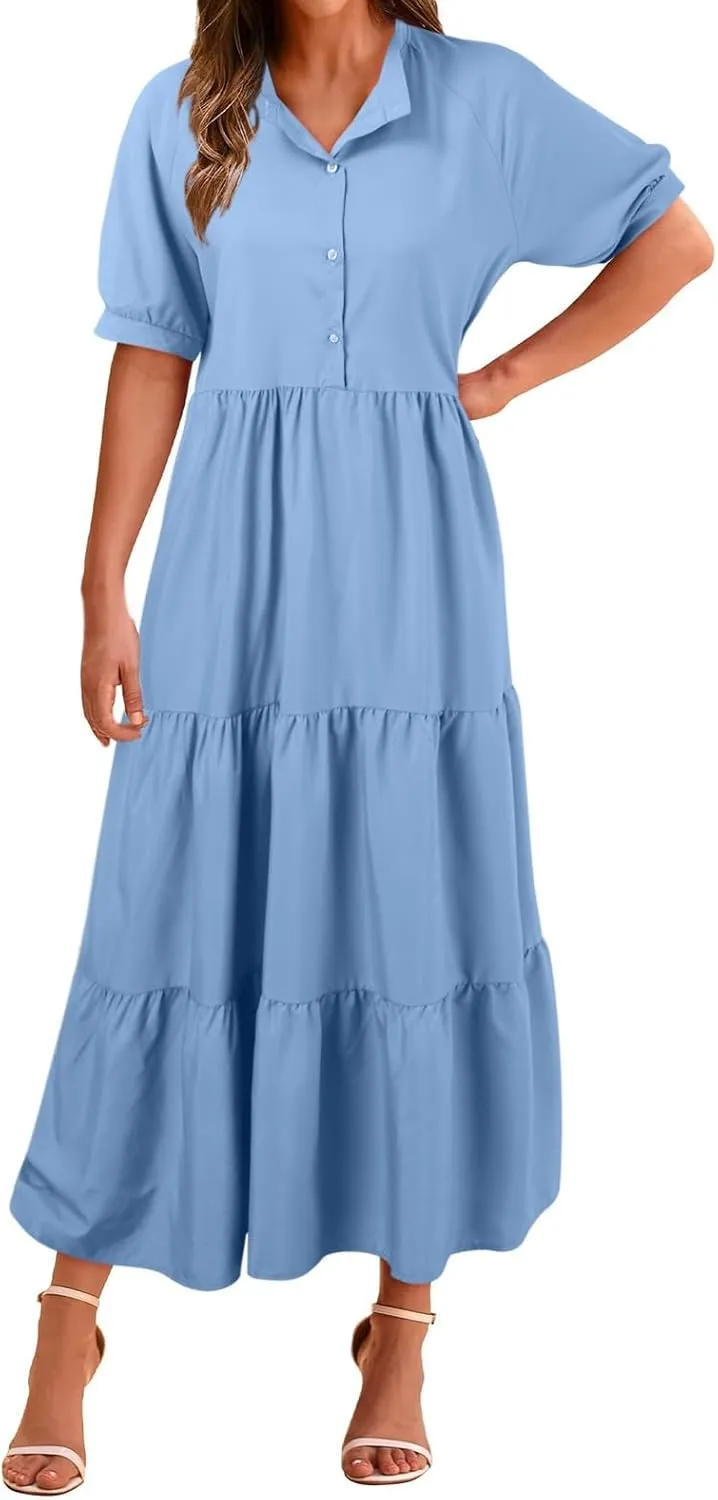 EMRELOD Women's Summer Dresses 2024 Casual Short Sleeve Button Loose Fit Pleated Boho Flowy Swing Long Beach Sun Dress