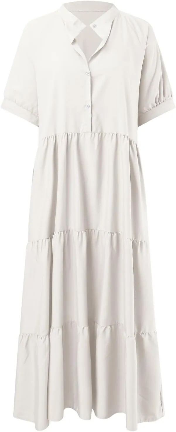 EMRELOD Women's Summer Dresses 2024 Casual Short Sleeve Button Loose Fit Pleated Boho Flowy Swing Long Beach Sun Dress