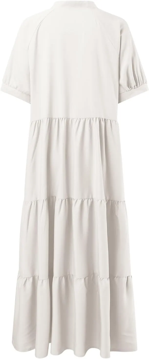 EMRELOD Women's Summer Dresses 2024 Casual Short Sleeve Button Loose Fit Pleated Boho Flowy Swing Long Beach Sun Dress