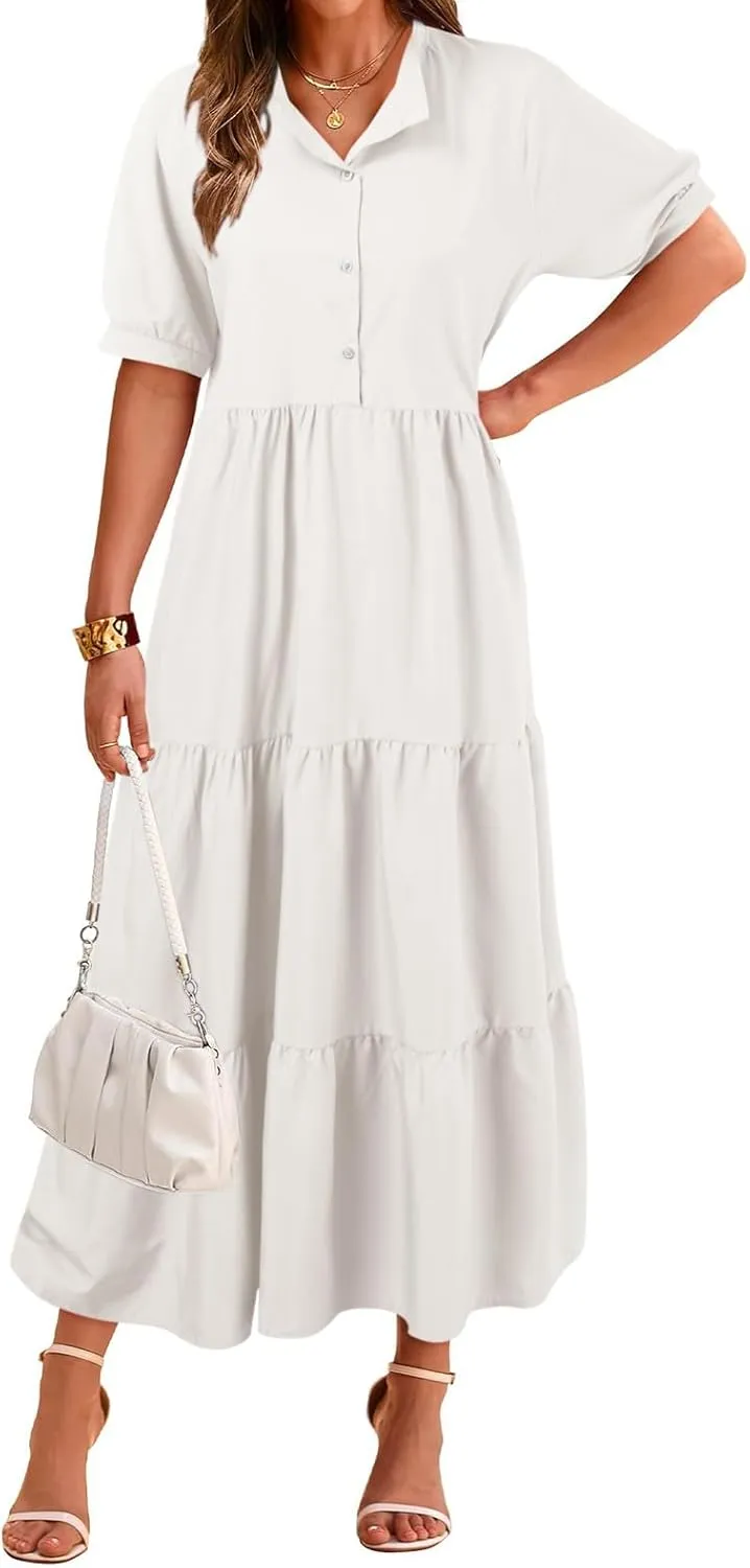 EMRELOD Women's Summer Dresses 2024 Casual Short Sleeve Button Loose Fit Pleated Boho Flowy Swing Long Beach Sun Dress