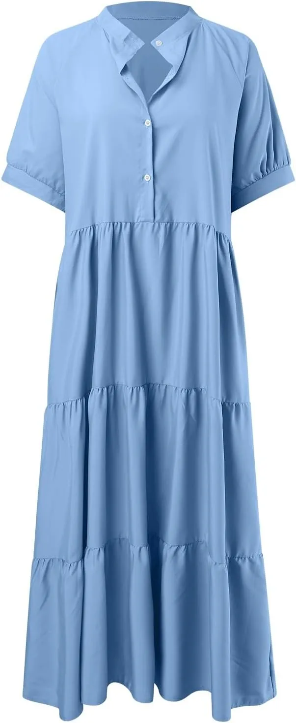 EMRELOD Women's Summer Dresses 2024 Casual Short Sleeve Button Loose Fit Pleated Boho Flowy Swing Long Beach Sun Dress