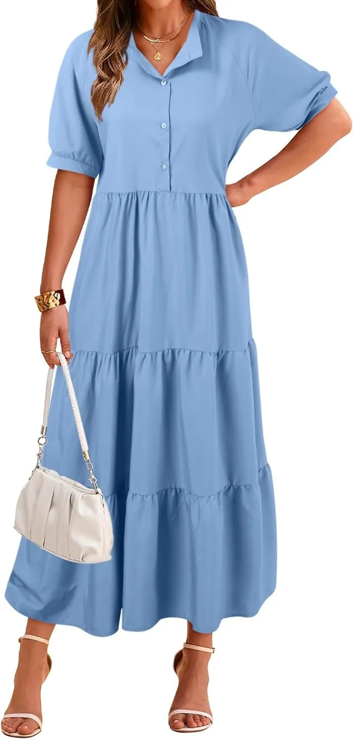 EMRELOD Women's Summer Dresses 2024 Casual Short Sleeve Button Loose Fit Pleated Boho Flowy Swing Long Beach Sun Dress