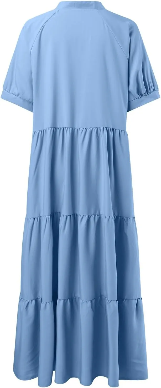 EMRELOD Women's Summer Dresses 2024 Casual Short Sleeve Button Loose Fit Pleated Boho Flowy Swing Long Beach Sun Dress