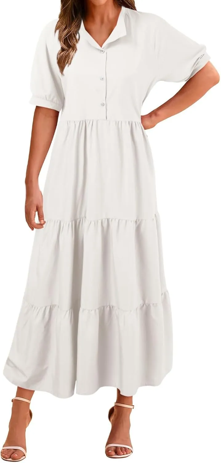 EMRELOD Women's Summer Dresses 2024 Casual Short Sleeve Button Loose Fit Pleated Boho Flowy Swing Long Beach Sun Dress