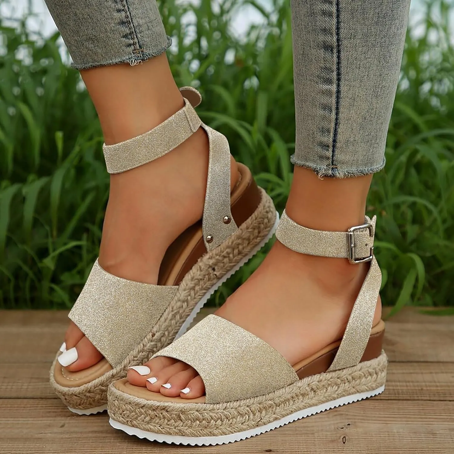 Espadrilles Platform Wedge Sandals for Women 2025 Open Toe Buckle Ankle Strap Platform Dressy Summer Casual Flats with Arch Support Womens Studded Beach Shoes