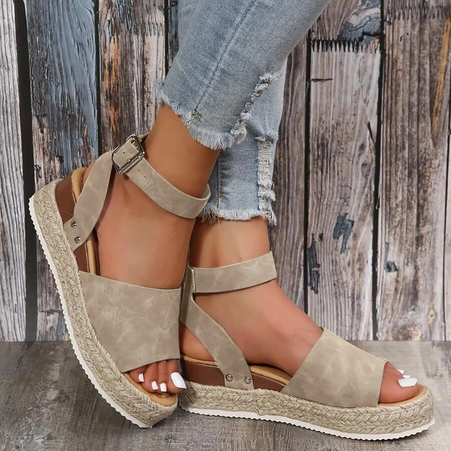 Espadrilles Platform Wedge Sandals for Women 2025 Open Toe Buckle Ankle Strap Platform Dressy Summer Casual Flats with Arch Support Womens Studded Beach Shoes
