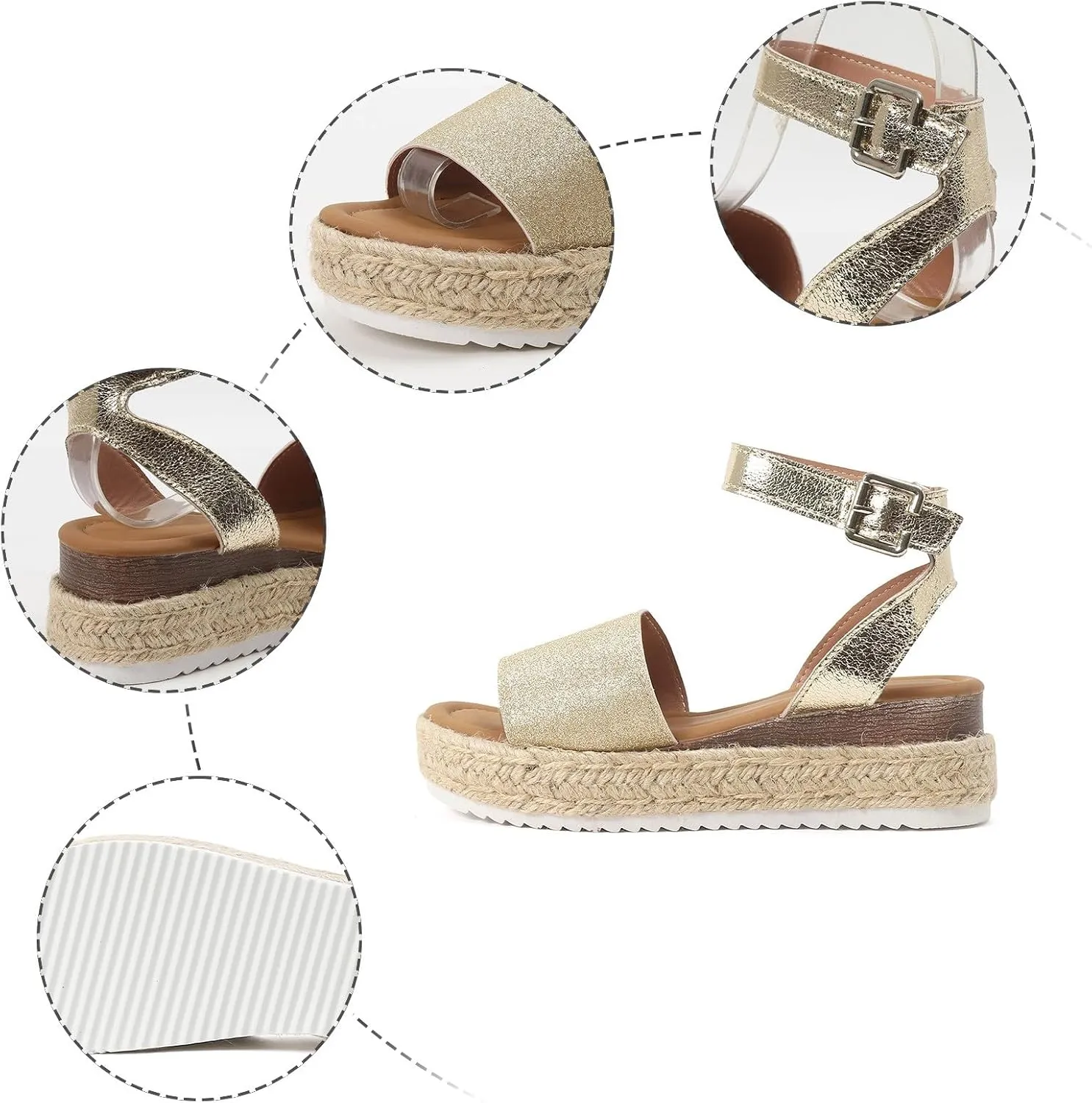 Espadrilles Platform Wedge Sandals for Women 2025 Open Toe Buckle Ankle Strap Platform Dressy Summer Casual Flats with Arch Support Womens Studded Beach Shoes