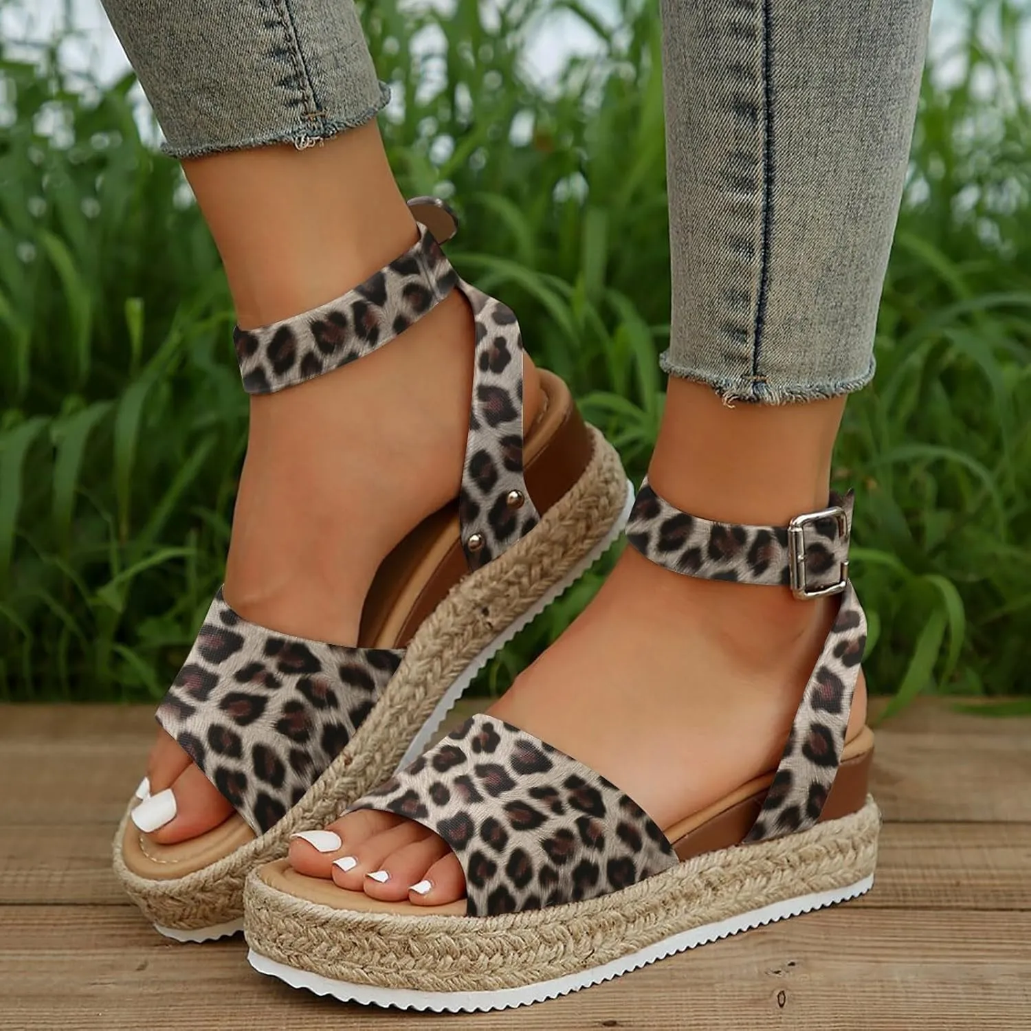 Espadrilles Platform Wedge Sandals for Women 2025 Open Toe Buckle Ankle Strap Platform Dressy Summer Casual Flats with Arch Support Womens Studded Beach Shoes