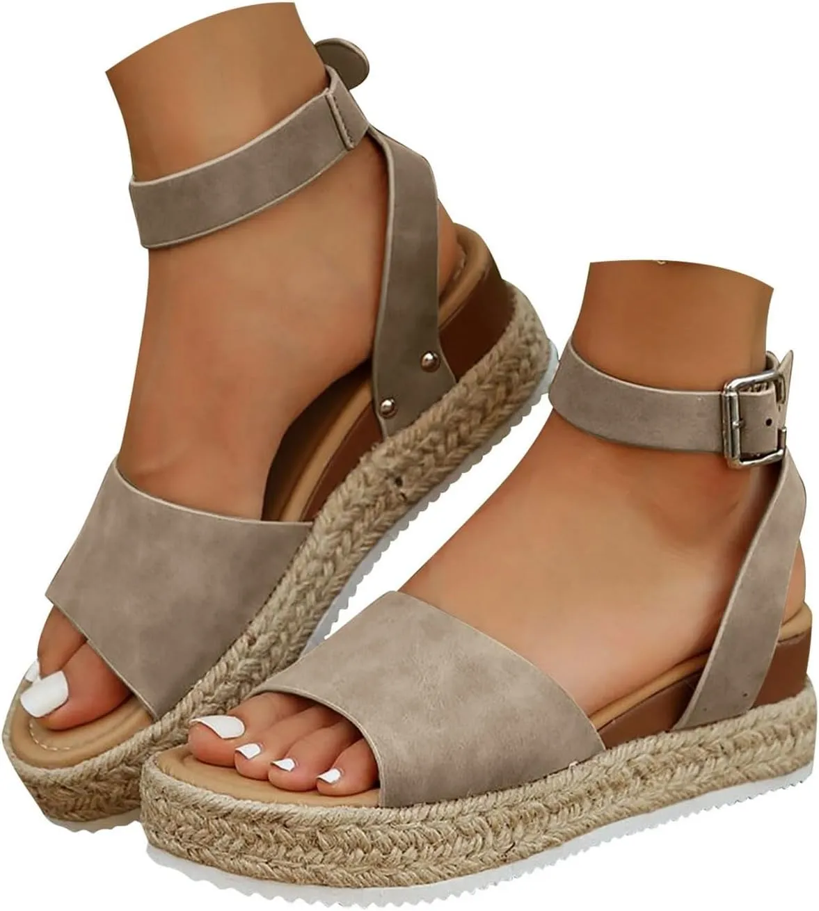 Espadrilles Platform Wedge Sandals for Women 2025 Open Toe Buckle Ankle Strap Platform Dressy Summer Casual Flats with Arch Support Womens Studded Beach Shoes