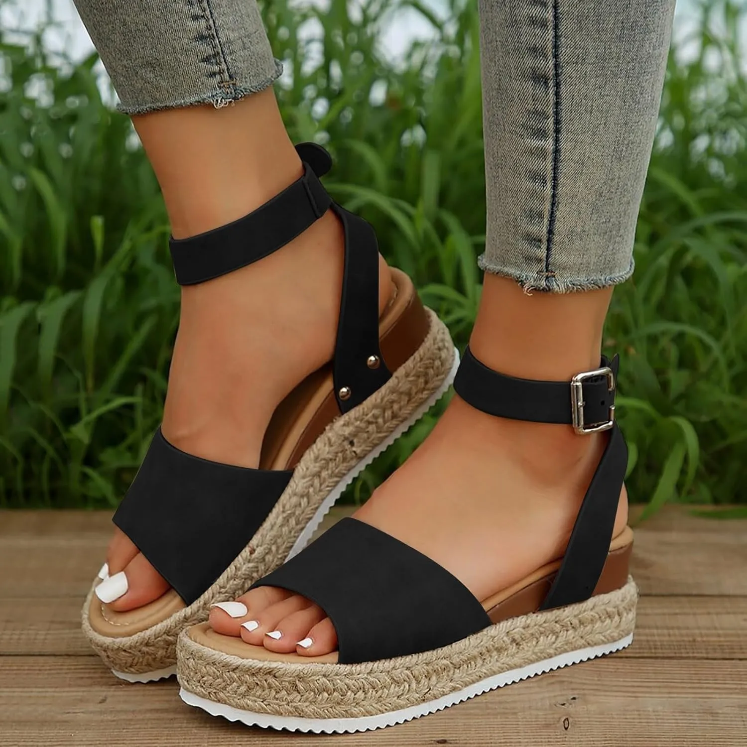 Espadrilles Platform Wedge Sandals for Women 2025 Open Toe Buckle Ankle Strap Platform Dressy Summer Casual Flats with Arch Support Womens Studded Beach Shoes