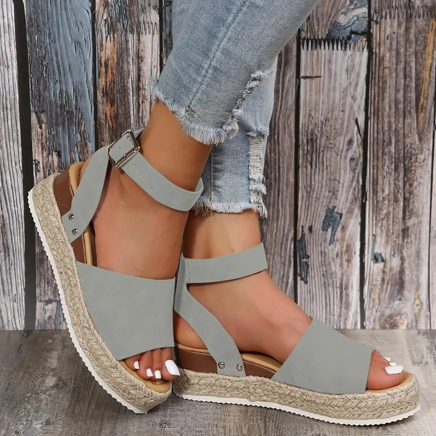Espadrilles Platform Wedge Sandals for Women 2025 Open Toe Buckle Ankle Strap Platform Dressy Summer Casual Flats with Arch Support Womens Studded Beach Shoes