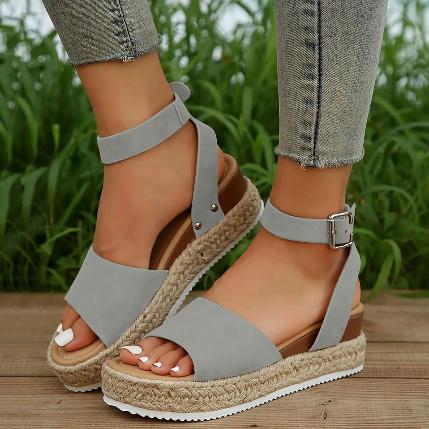 Espadrilles Platform Wedge Sandals for Women 2025 Open Toe Buckle Ankle Strap Platform Dressy Summer Casual Flats with Arch Support Womens Studded Beach Shoes