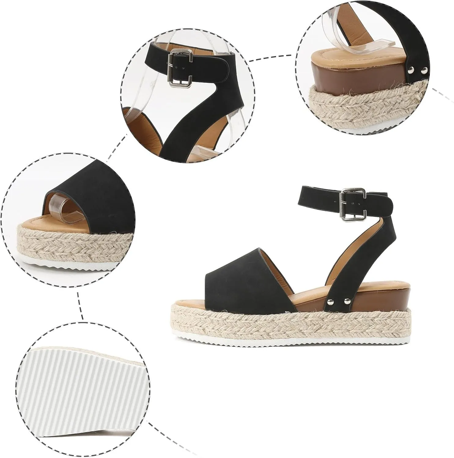 Espadrilles Platform Wedge Sandals for Women 2025 Open Toe Buckle Ankle Strap Platform Dressy Summer Casual Flats with Arch Support Womens Studded Beach Shoes